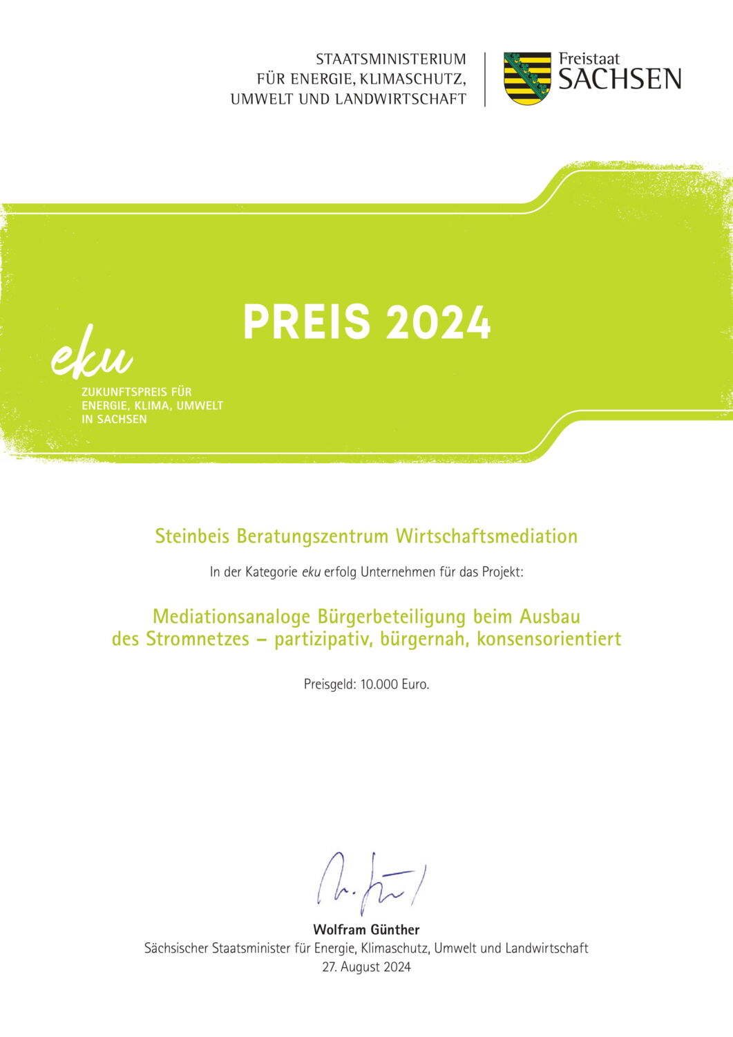 Urkunde eku Zukunftspreis für Energie, Klima, Umwelt